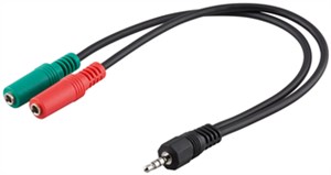 PC headset adapter, 1x 3.5 mm AUX 4-pin to 2x 3.5 mm AUX 3-pin